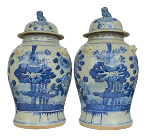 Chinoiserie White & Blue Floral Baluster Ginger Jars - a Pair