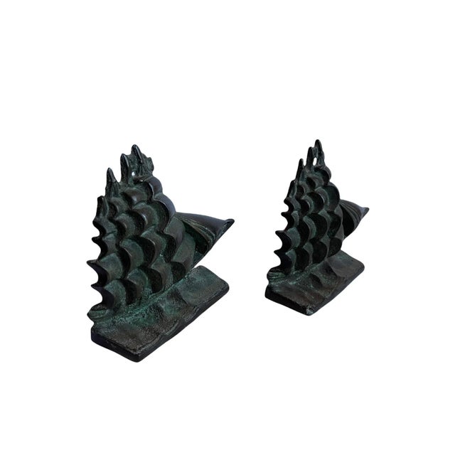 Late 19th Century Turn of the Century Sculpted Bronze Ship Antique Bookends - Set of 2 For Sale - Image 4 of 11
