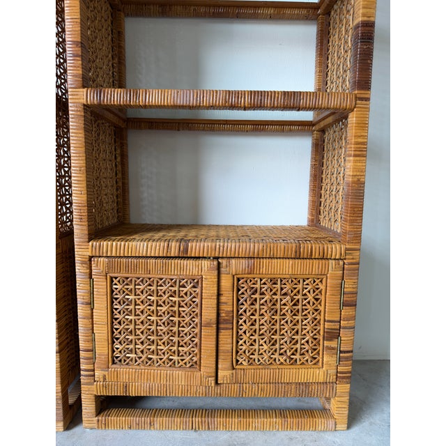 1970's Vintage Palm Beach Regency Style Arched Rattan & Glass Étagères – A Pair For Sale - Image 13 of 18