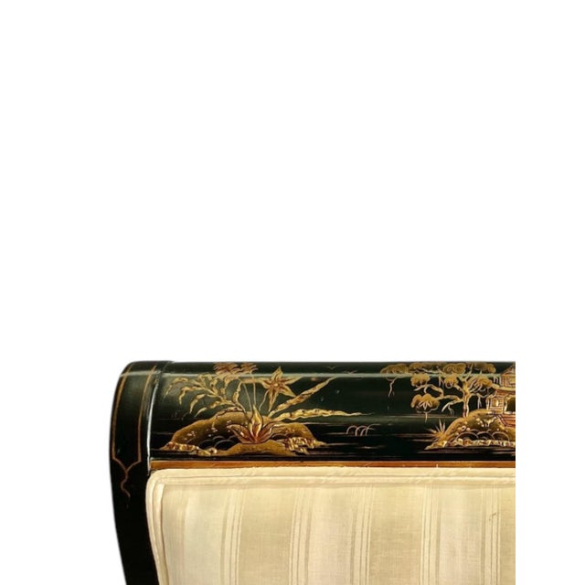 Off-white Vintage Regency Style Chinoiserie “Royal Pavilion” Dining Arm Chairs in Black Lacquer by Karges - Set of 4 For Sale - Image 8 of 10