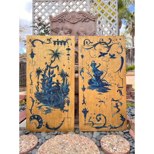 Wood Pair of Hand Painted Blue Chinoiserie Chic Wall Hanging Giltwood Panels For Sale - Image 7 of 16
