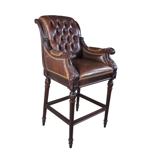 French Late 20th Century Hancock & Moore French Chesterfield Style Carved Brown Leather Tufted Bar Stool For Sale - Image 3 of 12
