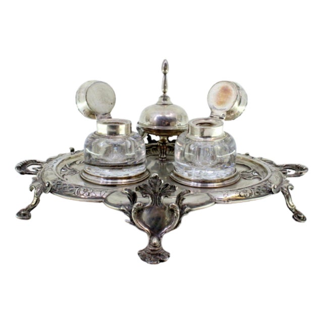 Silver and Glass Inkwell with Silver Lids, Bell Base, Cut-Out and Reliefs For Sale