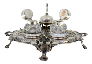 Silver and Glass Inkwell with Silver Lids, Bell Base, Cut-Out and Reliefs