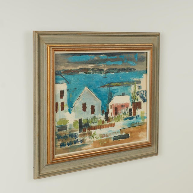 Vintage oil painting on canvas of houses on a bayscape executed in tropical colors with a distinctive modern simplicity....