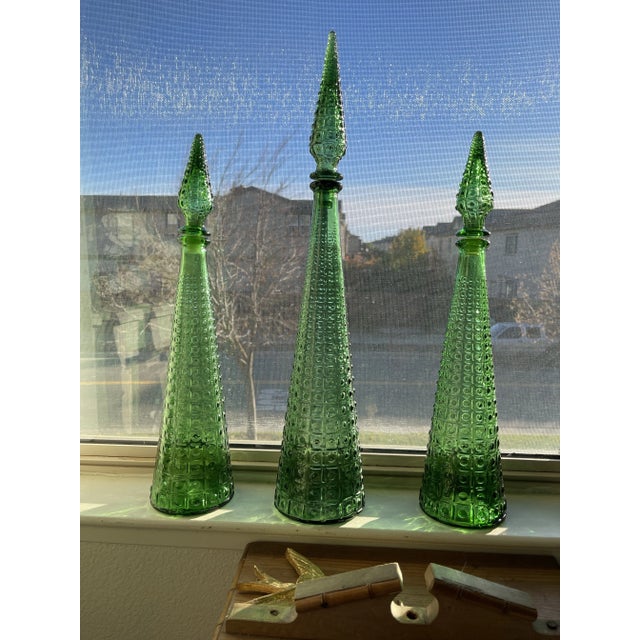 Empoli From my personal collection. 3 exquisite Empoli pieces. Rich bottle green Wonderful textured pattern to the glass....