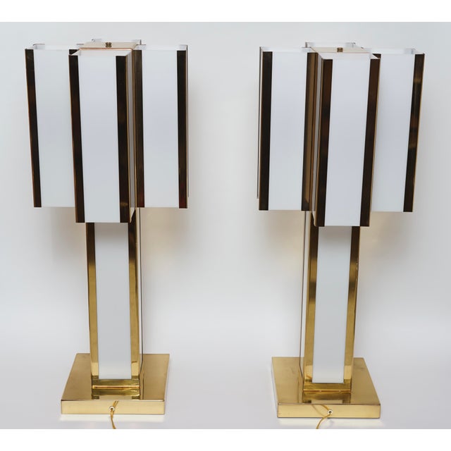 Mid-Century Modern Mid 20th Century Mid-Century Modern Italian Brass and Ivory Table Lamps in the Style of Romeo Rega - a Pair For Sale - Image 3 of 13