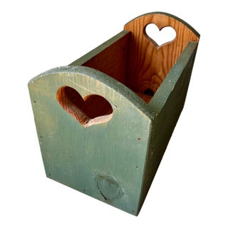 Vintage Country Rustic Sage Green Pine Magazine Crate With Heart Cutouts For Sale