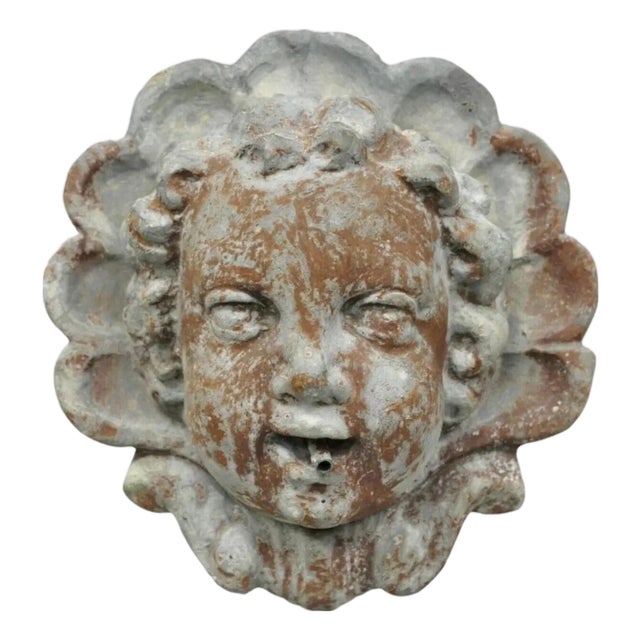 Antique French Neoclassical Small Lead Cherub Head Garden Wall Fountain For Sale