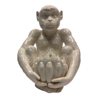Vintage Hollywood Regency White Glazed Ceramic Monkey and Banana Cachepot Planter For Sale