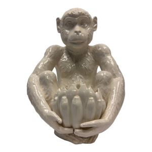 Vintage Hollywood Regency White Glazed Ceramic Monkey and Banana Cachepot Planter
