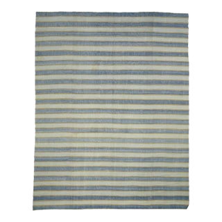 Vintage Dhurrie Rug in Blue Stripes With Gold and Pink Accents | Rug & Kilim For Sale