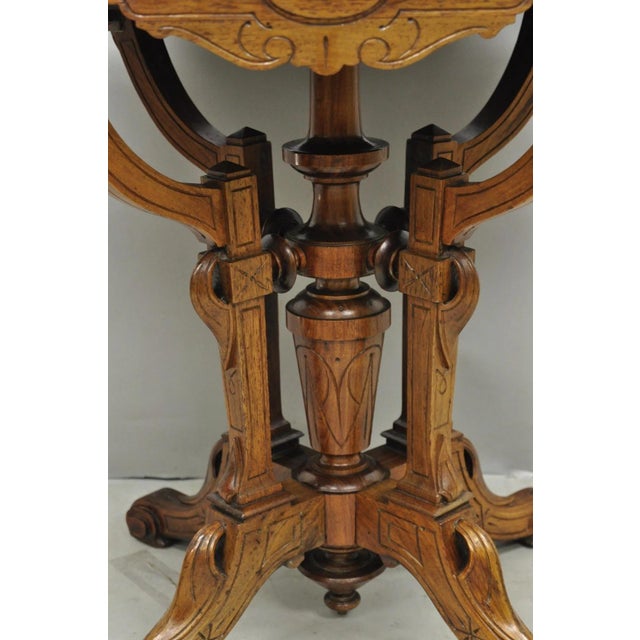 Antique Eastlake Victorian Carved Walnut Marble Top Parlor Lamp Side Table For Sale In Philadelphia - Image 6 of 14