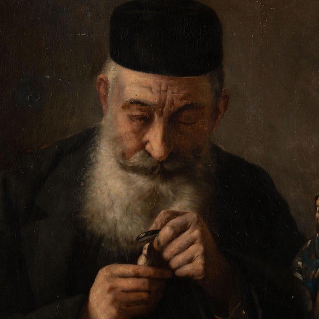 Original oil on canvas painting of a man examining curiosities, among them a Daoist figure, wax seal stamp, coins and...
