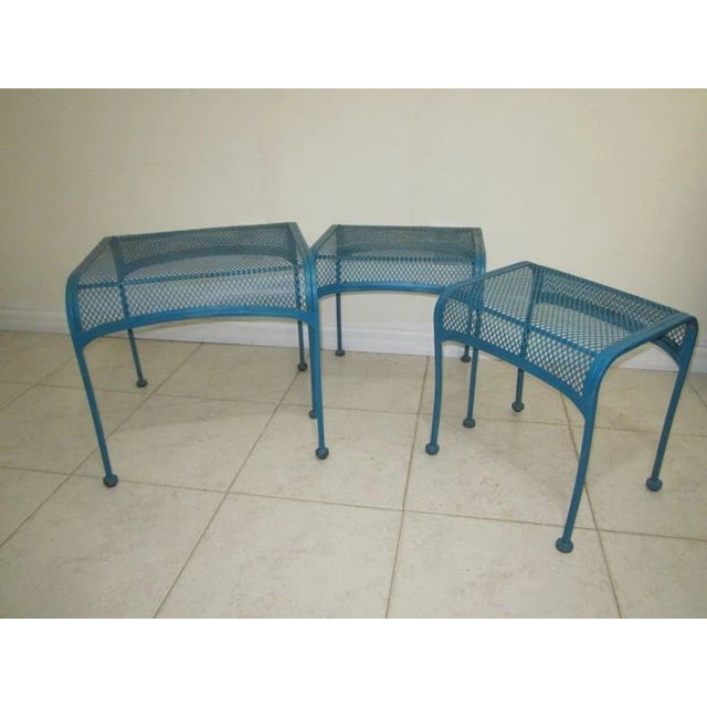 Nesting Patio Garden Metal Wire Side Tables Blue 1980s Salterini Style Set of 3 For Sale In Naples, FL - Image 6 of 9