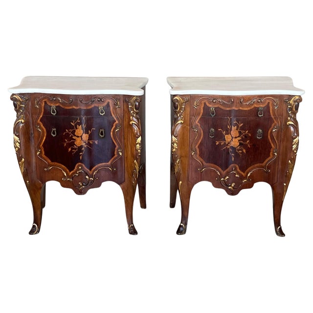Early 20th Century French Louis XV Marquetry Marble-Top Nightstand or Side Tables, A Pair For Sale - Image 15 of 18