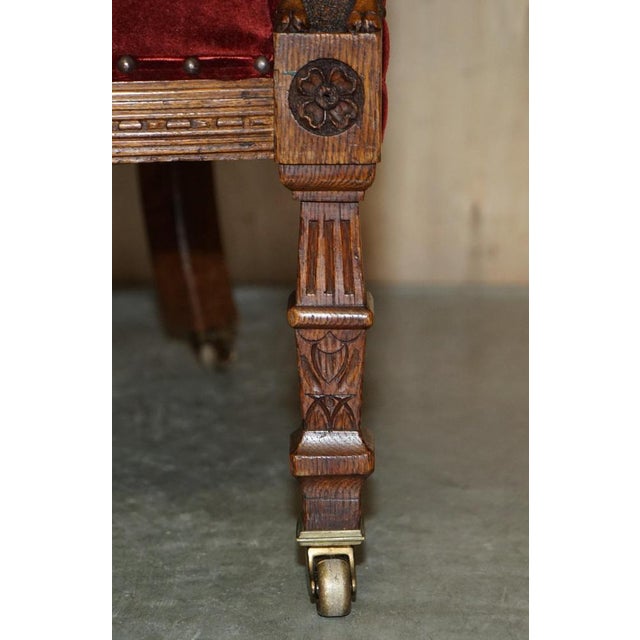Regency Lions Head Carved Oak Armchair with Oxblood Velour Upholstery, 1810s For Sale - Image 11 of 17