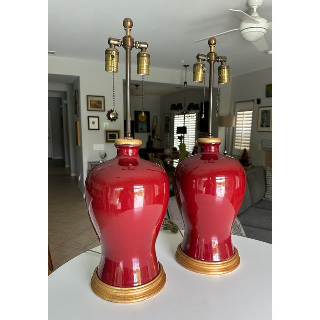 1960s 1960s Pair Asian Sang De Boeuf Oxblood Meiping Porcelain Table Lamps For Sale - Image 5 of 18