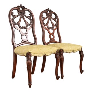 Romweber Antique French Provincial Louis XV Carved Walnut Side Chairs or Dining Chairs, Pair For Sale