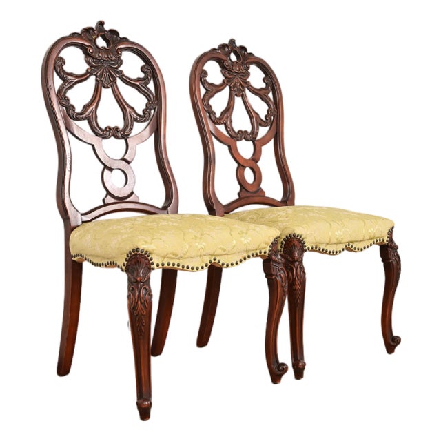 Romweber Antique French Provincial Louis XV Carved Walnut Side Chairs or Dining Chairs, Pair For Sale