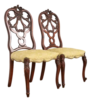 Romweber Antique French Provincial Louis XV Carved Walnut Side Chairs or Dining Chairs, Pair