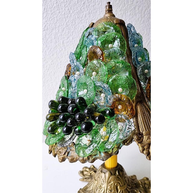 MURANO Lamp "Glass / Beads / Flowers / Grapes" Object: Table Lamp 3-Light E14 Age: Approx. 1970s Material: Metal, Glass...