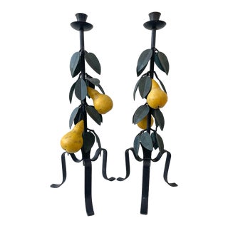Hollywood Regency Italian Painted Iron Tole Pear Tree Candle Holders For Sale