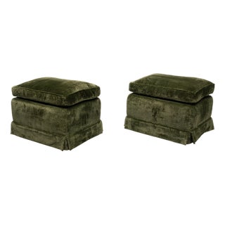 Vintage French Green Velvet Stools, 1970s, Set of 2 For Sale