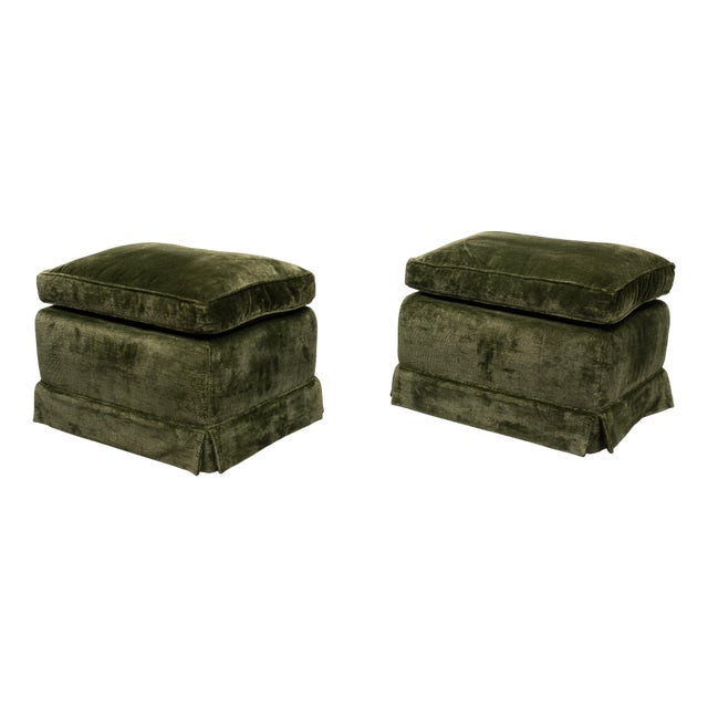 Vintage French Green Velvet Stools, 1970s, Set of 2 For Sale