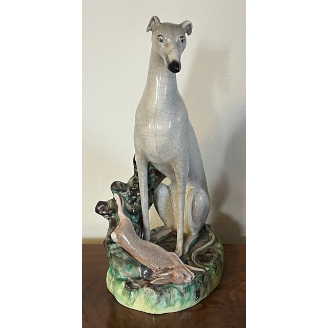 Victorian Very Large Antique 19th Century English Staffordshire Pottery Dog Figure of a Greyhound or Whippet and Hare or Rabbit For Sale - Image 3 of 16