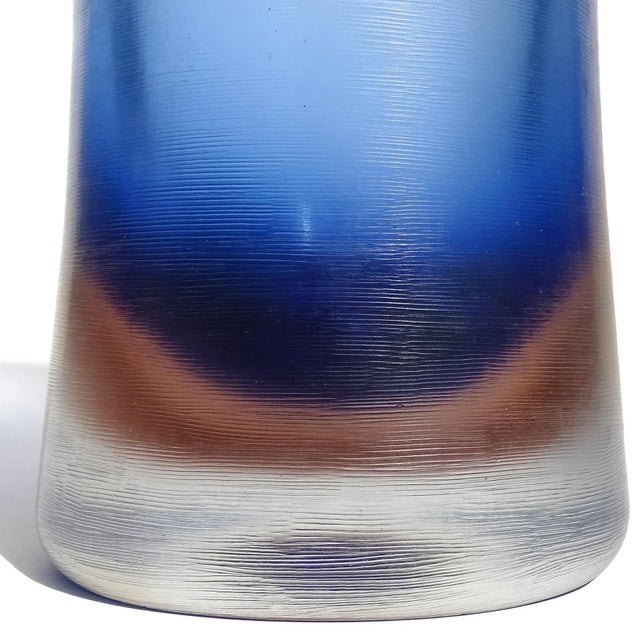 Mid 20th Century Murano Venini Signed Sommerso Blue Inciso Carved Technique Vintage Italian Art Glass Flower Vase For Sale - Image 5 of 8
