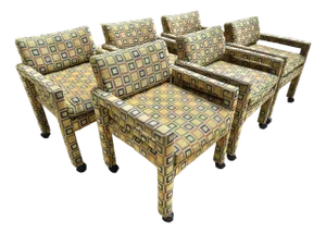 Mid 20th Century Mid-Century Modern Baughman Style Open Arm Parsons Dining Chairs Retro Fabric Set of 6