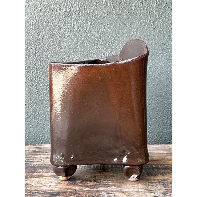 Mid 20th Century Vintage Handcrafted Brown Pottery Vase For Sale - Image 5 of 14