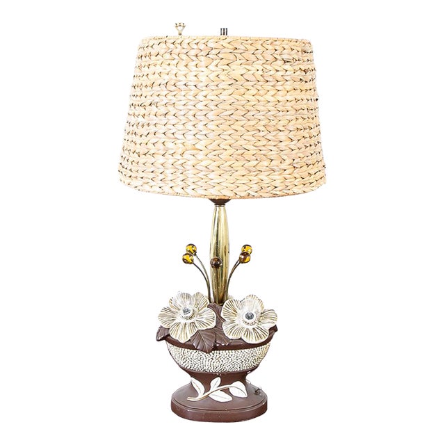 1960s Mid Century Modern Brown White Table Lamp Ceramic Floral Studio Designed For Sale