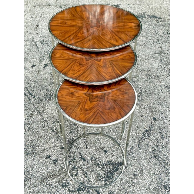 Wood Vintage Contemporary Theodore Alexander Burl and Chrome Nesting Tables - 3 Pcs For Sale - Image 7 of 11