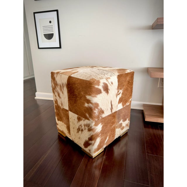 Brown and White Natural Cow Print Essex Stool Hair on Hide Leather by ...