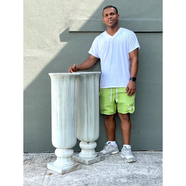 Vintage Tall Fluted Plaster Covered Resin Urns - A Pair For Sale - Image 10 of 12