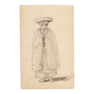 Unknown - Man with Headdress - Original Pencil Drawing - 1880s For Sale