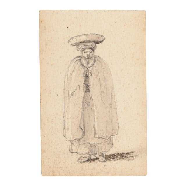 Unknown - Man with Headdress - Original Pencil Drawing - 1880s For Sale