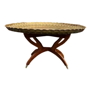Mid 20th Century Vintage Solid Brass Tray Teak Base Table.