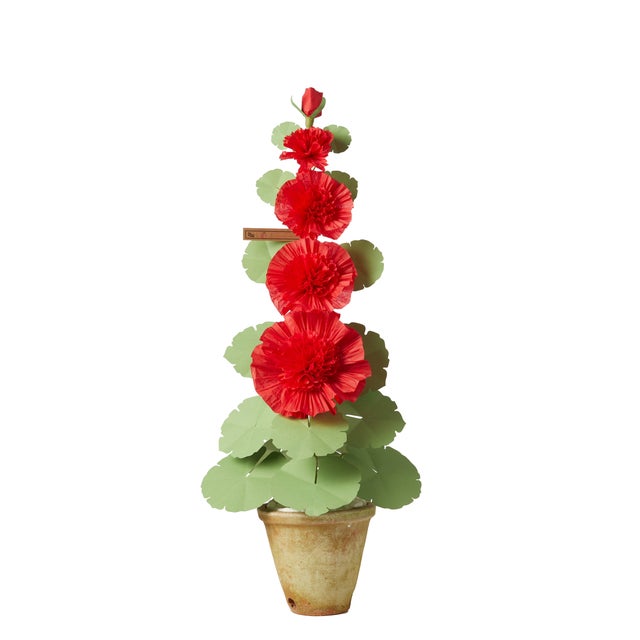 Paper hollyhock plant with hand painted leaves in a beautiful aged terra cotta pot. Regular plant is approximately 28.5”...