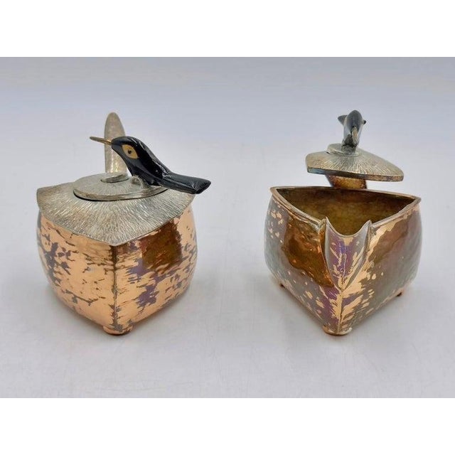 Copper 1980s Emilia Castillo Copper & Silver Creamer & Sugar Set With Bird Sculptures For Sale - Image 8 of 18