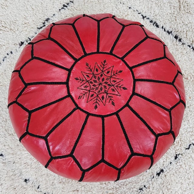 Animal Skin Handcrafted Moroccan Leather Pouf Cover – Red Genuine Goat Leather, Hand-Stitched in Marrakech For Sale - Image 7 of 7