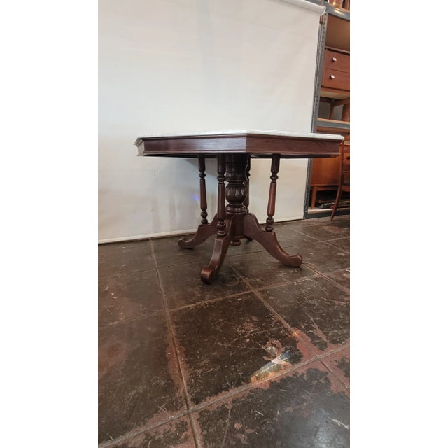 Wood Victorian Style Marble Top Dining Table Octangle White Carrara Marble With Brown Mahogany Base For Sale - Image 7 of 7