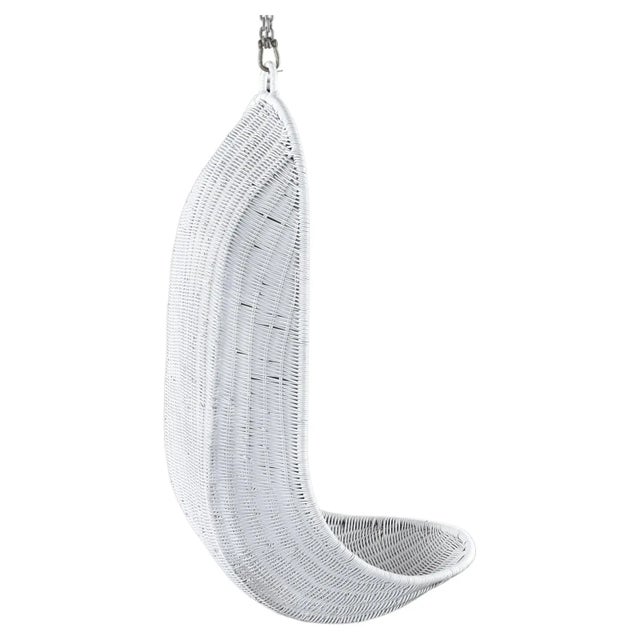 White Wicker Hanging Basket Style Coastal Garden Lanai Scoop Chairs For Sale - Image 9 of 10