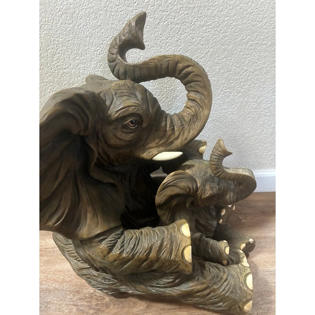 Vintage Resin Mother and Baby Elephant Statue With Trunks Raised For Sale - Image 12 of 16