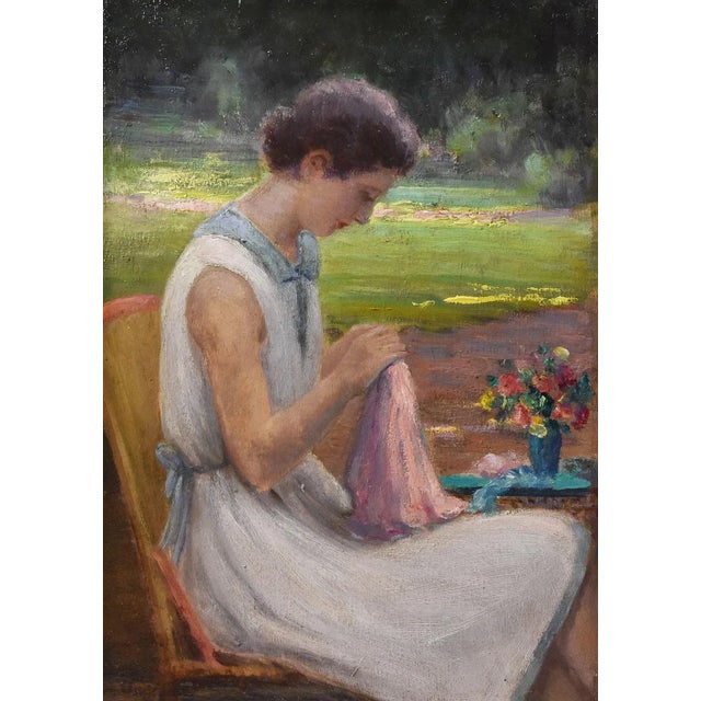 The Antique Woman Portrait Painting, Young Woman Sewing In The Garden, an oil painting on panel, from the mid-twentieth...