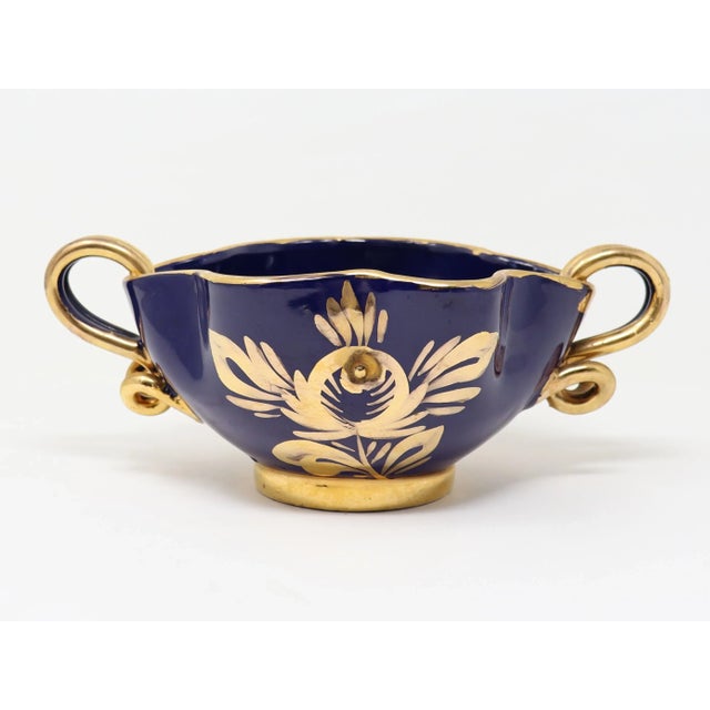 Vintage Italian Pottery Decorative Handled Bowl in Navy With Gold Decoration For Sale - Image 11 of 15
