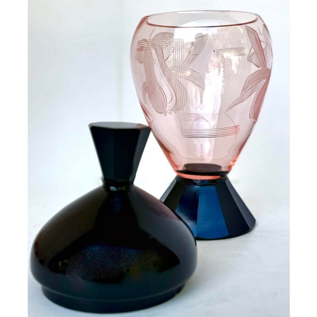 Art Deco 1930s Set of Art Deco Pink & Black Crystal Decanter & (6) Glasses. Czechoslovakia; Circa 1930 - Set of 7 For Sale - Image 3 of 8