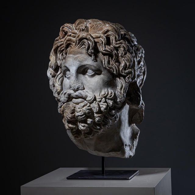 Modern Cast after Head of Asclepius, 21st Century, Plaster on Iron Base For Sale - Image 3 of 6